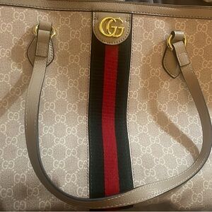 Gucci Beige GG Canvas Tote with Red and Green Web and Gold Hardware